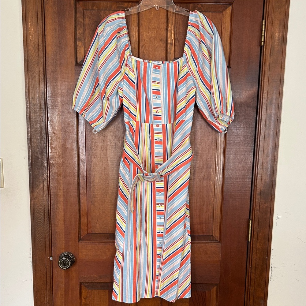 Tanya Taylor Multi-Color Striped Puff-Sleeve Midi Dress